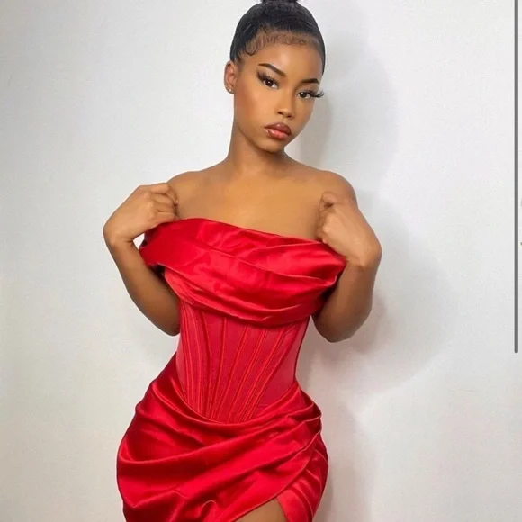 House of CB Lulu Red Asymmetric Drape Midi Corset Dress